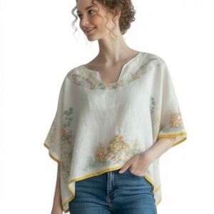 Handmade Vintage Linen Tablecloth Poncho Top Floral Southern Belle White Yellow